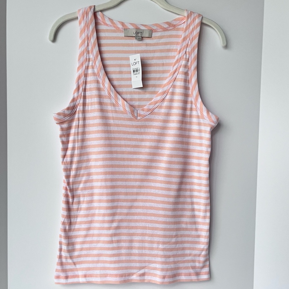 NWT | LOFT Tank Top | 100% Cotton | Peachy-Pink & White Stripes | Women’s Size M